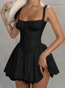 女士纯色无袖荷叶边褶皱蕾丝迷你连衣裙，Y2K春假夏季穿搭，圣诞节、新年夜穿搭，适合外出、派对和度假，优雅黑色 - 黑色 - 查看 2