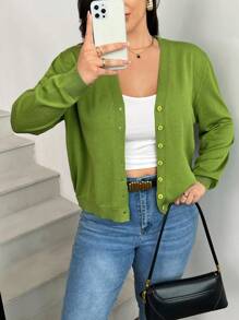 SHEIN Frenchy Áo len cardigan cổ chữ V tay dài cài nút cỡ lớn màu trơn tối giản quyến rũ thời trang, mùa đông - màu xanh lá - Xem 3