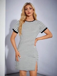 SHEIN Tall Women's Knitted Black And White Striped Mini Dress - Black and White - View 6