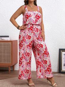 SHEIN Clasi 加大碼花卉印花寬腿背心連身褲 - 粉色 - 查看 3