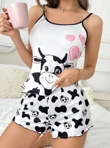SHEIN Cute Cow & Heart Printed 2pcs Women's Pajama Set - Multicolor - View 3