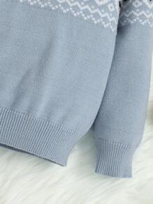 SHEIN 男婴蓝色柔软舒适彩色菱格圆领毛衣，带有民族图案和福克兰格纹，休闲学院风，适合圣诞节 - 霧霾藍 - 查看 4