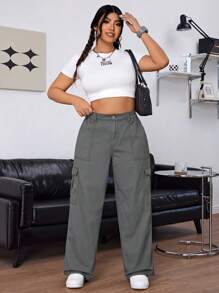 SHEIN ICON Plus Size Women's Elastic Waist Washed Denim Cargo Pants - Grey - View 5