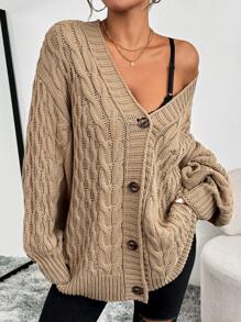 SHEIN LUNE Áo len dệt kim dài tay màu trơn kiểu dáng đơn giản dành cho nữ để mặc hàng ngày - Màu Khaki - Xem 6