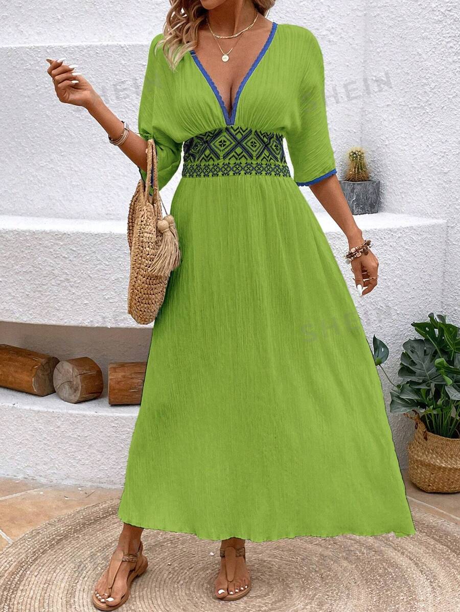 SHEIN VCAY Robe à col plongeant imprimée géométrique avec couture