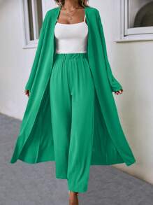 SHEIN LUNE Trumpet Sleeve Open Front Coat & Wide Leg Pants - Cadet Blue - View 5