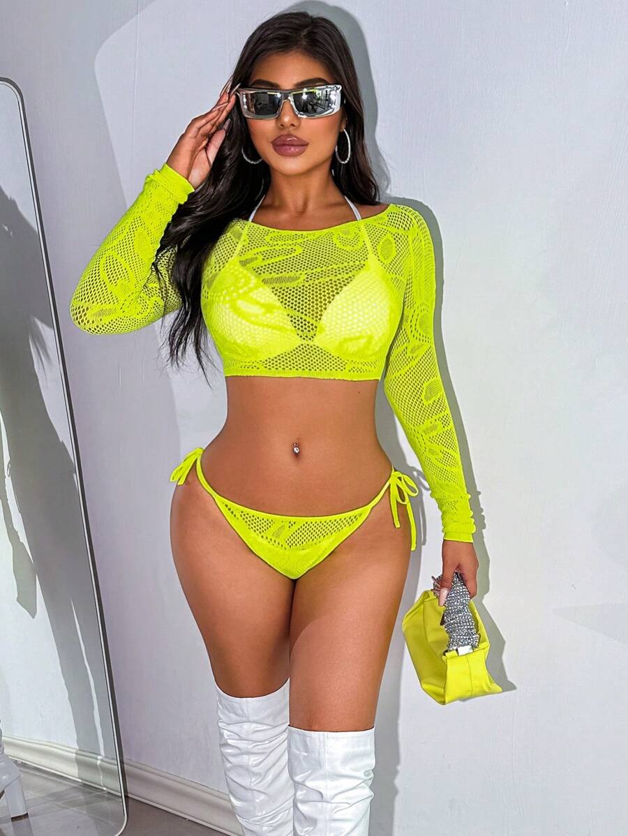 2pcs Women's Sexy Navel-Baring Lingerie Set - Yellow - View 1