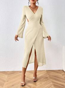 SHEIN Swim Ladies' Solid Color Simple Daily Open-Back Long Sleeve Cover Up Summer - Beige - View 6
