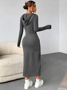 StreetHx Long Hooded Slim Fit Sweatshirt Dress With Side Slits Maxi Women Outfit Fall Cloth For Women - Grey - View 2