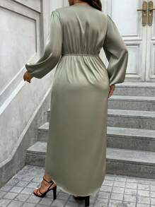 EMERY ROSE Vestido de satén con mangas de farol y bajo envolvente, atuendo para mujer