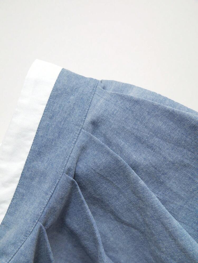 SHEIN Maija Back To School Blue Oxford Cloth Cropped Pleated Casual Preppy Style