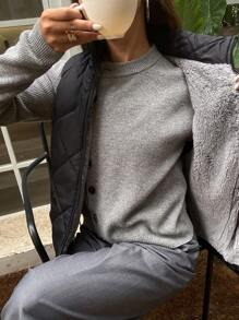 DAZY 冬季撞色饰边纽扣前部加厚外套，冬季女装，加厚外套女式夹克背心 - 黑色 - 查看 7