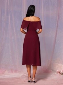 SHEIN Belle 勃艮第红女士简约优雅酒红色雪纺面料露肩短裙，带大蝴蝶结和 A 字下摆，适合婚礼和伴娘礼服 - 酒紅色 - 查看 2