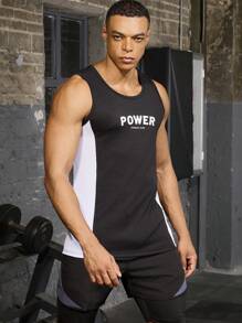 Manfinity Fitness Camiseta de tirantes de estilo boyfriend para hombres con gráfico de letras y panel de contraste, ropa deportiva para el gimnasio para hombres - Multicolor - Ver 3