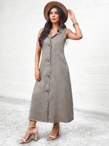 SHEIN LUNE Autumn Vintage Casual Street Style Long Plaid Vest Women's Trench Coat Outerwear - Khaki - View 4