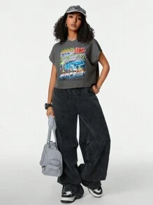 SHEIN EZwear Y2K Vintage Autoprint Kurz Crop Top, Ego Driven Person USA 85 HOLEN SIE SICH DEN RUHM - Grau - Übersicht 6