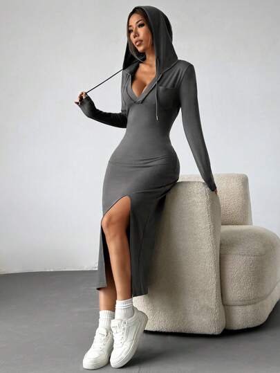 StreetHx Long Hooded Slim Fit Sweatshirt Dress With Side Slits Maxi Women Outfit Fall Cloth For Women