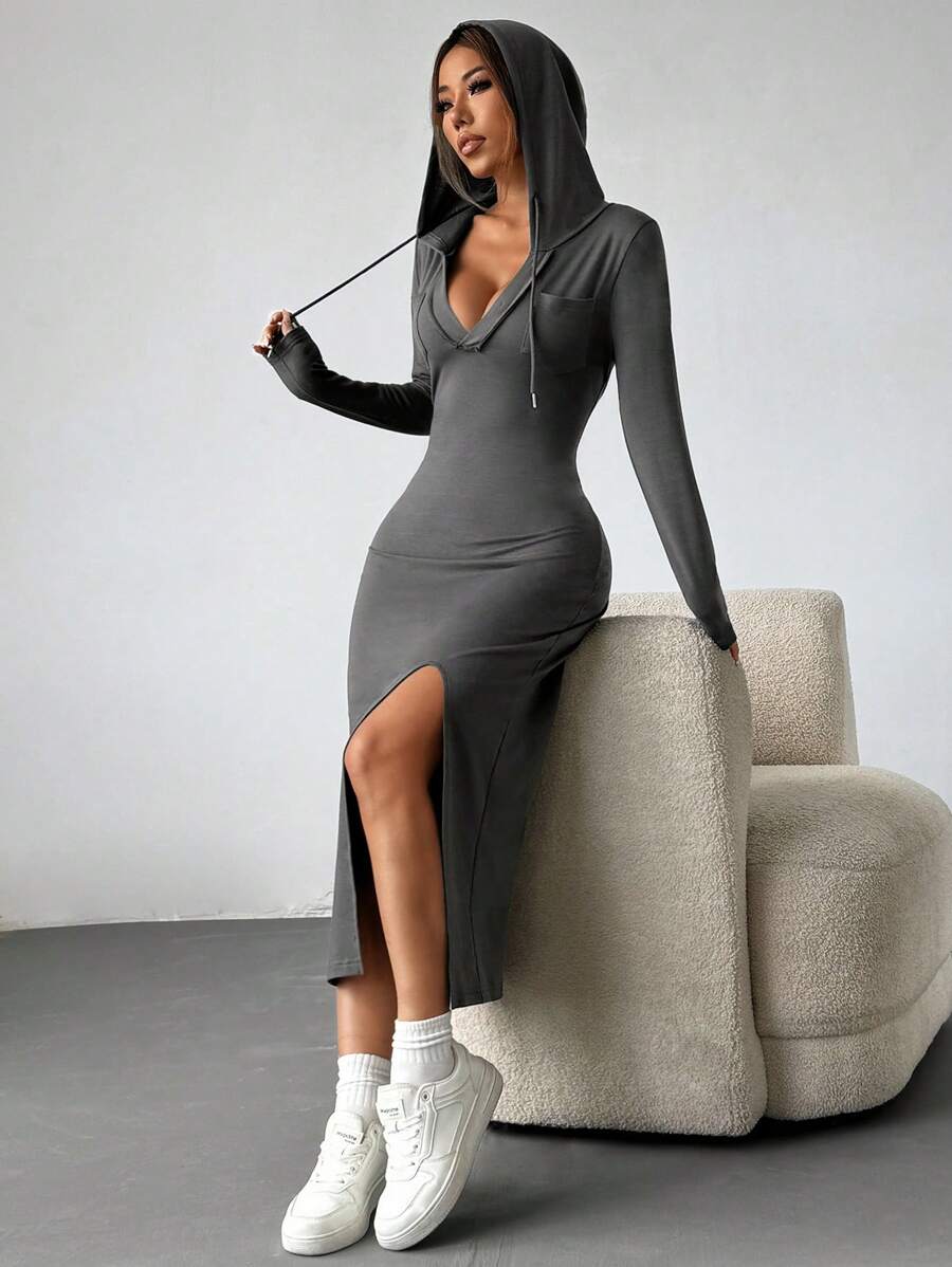 StreetHx Long Hooded Slim Fit Sweatshirt Dress With Side Slits Maxi Women Outfit Fall Cloth For Women - Grey - View 1