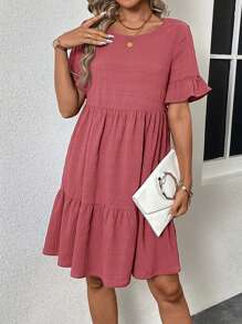 SHEIN LUNE Women's Summer Solid Color Round Neck Short Sleeve Loose A-Line Dress - Pink - View 1