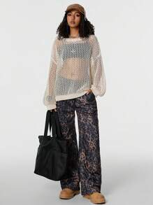 SHEIN EZwear Tween Girls Fall Back To School Lễ hội âm nhạc thoải mái Lưới thoáng khí Áo len cổ tròn màu be - Màu be - Xem 6