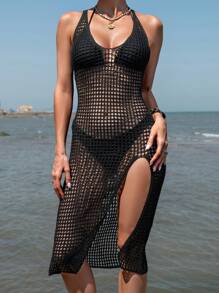 SHEIN Swim 女士露背网眼镂空高开叉性感短款上衣夏季 - 黑色 - 查看 4