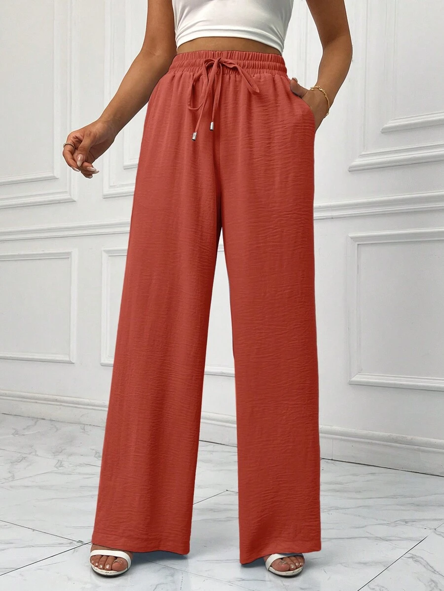 SHEIN Essnce Women's Plain Simple Daily Regular Pants With Tie, Casual - Orange - View 1