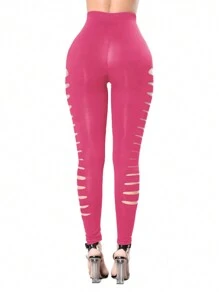 High Waist Skinny Jeans With Side Ripped Holes - Hot Pink - View 3