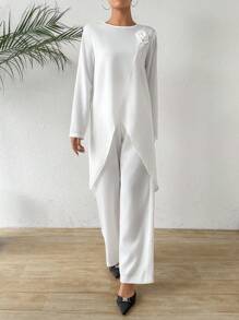 Chiquease Handmade Flower Round Neck Long Sleeve Asymmetrical Hem Blouse & Pants Set - White - View 6