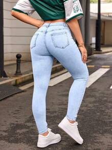 SHEIN PETITE Women's Casual Mid Waist Fitted Washed Denim Jeans