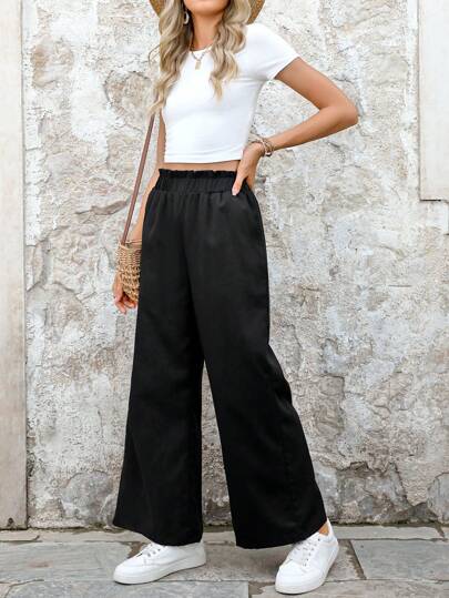 Solid Elastic Waist Wide Leg Pants