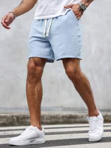 Manfinity Homme 男士纯色抽绳休闲短裤，带口袋，仿亚麻冰丝面料 - 霧霾藍 - 查看 5