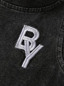 SHEIN Playful Pals Baby Boys' Summer Snow Wash Embroidery Tank Top And Shorts Outfit Set - Black - View 4