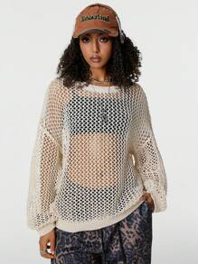 SHEIN EZwear Tween Girls Fall Back To School Lễ hội âm nhạc thoải mái Lưới thoáng khí Áo len cổ tròn màu be - Màu be - Xem 4