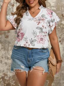 SHEIN VCAY Camisa blanca suelta de talla grande con estampado floral, cuello en V, ribete de volantes y mangas anchas impresión de flores, ideal para vacaciones - Multicolor - Ver 7