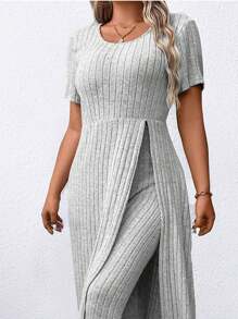 SHEIN LUNE Plus Size Women Solid Color Simple Daily Short Sleeve Top & Long Pants Set - Grey - View 6