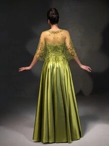 Novo conjunto de vestido elegante e vestido longo com xale de renda verde-oliva - Verde Oliva - Visão 2