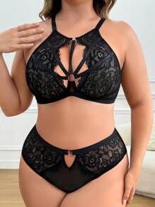 Bộ đồ lót ren không dây gợi cảm cỡ lớn 2 món - màu đen - Xem 1