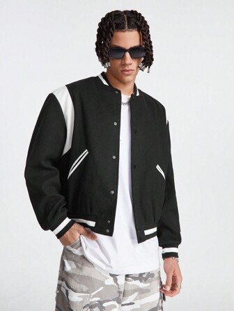 Manfinity RebelGame Manfinity StreetEZ Men's Loose Black & White Patchwork Long Sleeve Varsity Jacket, For Fall Winter