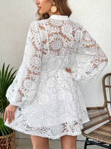 SHEIN VCAY Vacation Women's White Wedding Elegant Romantic Lace Two-Piece Dress Set - White - View 2