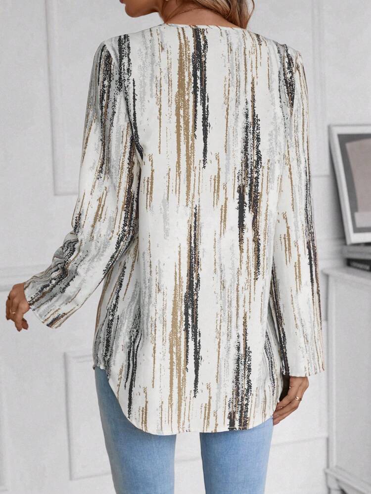Women's Printed Rolled-Up Sleeve Shirt With Curved Hem Casual Women Blouses Teacher Shirts Work Women Blouses Fall Women Shirts