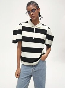 Maija 黑白条纹设计 Polo 领衬衫，百搭休闲时尚服饰，适合春季、夏季、初秋、七月独立日、毕业季，舒适的针织面料，黑色和米色 - 黑與白 - 查看 3