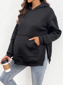 SHEIN Maternity Kangaroo Pocket Drop Shoulder Split Hem Sweatshirt With Long Sleeve, For Winter - Black - View 4