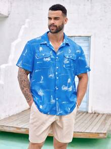 Manfinity Homme Camisa Masculina Plus Size com Colarinho Turn-Down Estilo Minimalista Impresso - Azul - Visão 5