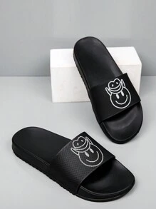 青少年實心泡沫拖鞋，印有微笑面孔圖案，時尚百搭，適用於室內/室外/家居穿著和海灘度假 - 黑色 - 查看 3