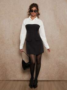 Forever 21 Autumn New Arrival Dress With Shirt Collar, 2 In 1 Design, A-Line, Long Sleeves - Black and White - View 4