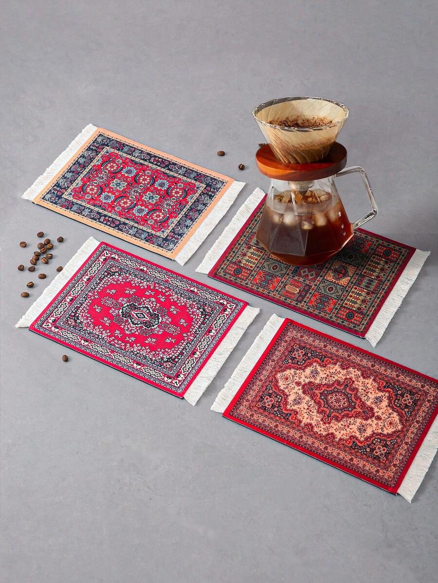 SHEIN 1pc Coffee Mat, Coffee Pad, Coffee Cup Mat, Coffee Coaster, Drink Coaster, Dish Drying Mat, Table Mat, Placemat, Mouse Pad, Non-Slip Heat Resistant Mat, Tassel Carpet Coaster, Table Desk Cup,Table Coaster School Supplies Christmas For Holiday Gift Giving - Red - View 1