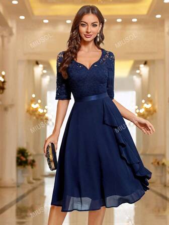 MIUSOL Herzausschnitt Blumenspitzen-Volantbesatz Cocktailkleid Swing-Kleid Hochzeitsgast-Kleid Abendkleid