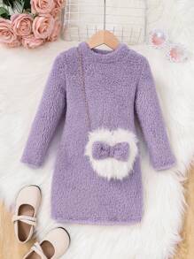 SHEIN Leap Crew Váy len dệt kim hai mặt màu trơn dành cho người yêu thời trang dành cho các cô gái trẻ với túi đeo chéo - Màu tím - Xem 1