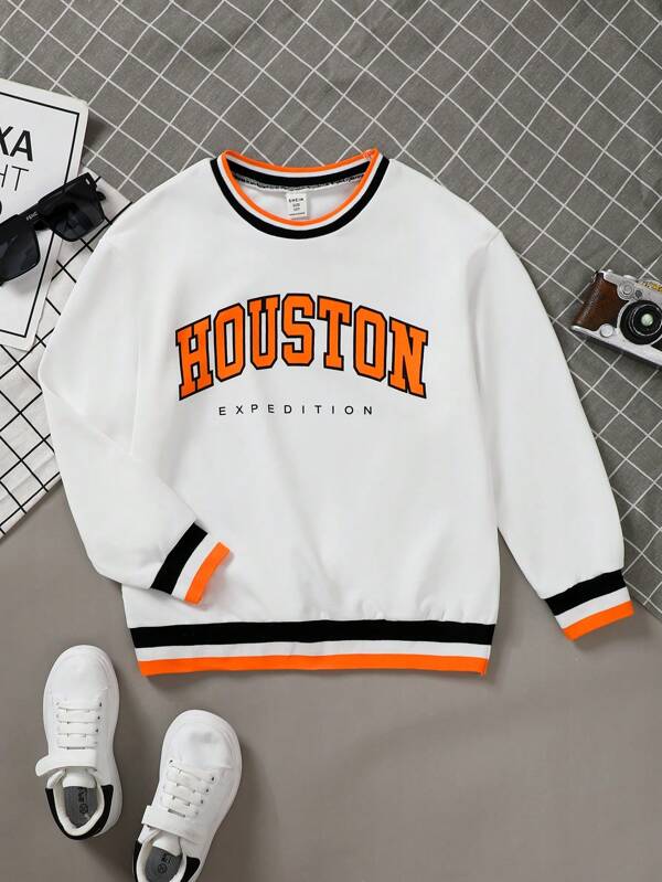 SHEIN Suéter casual de manga larga para niño preadolescente con bloque de color a rayas y letras impresas