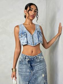 SHEIN BAE 口袋拉鍊短版背心牛仔上衣 - 藍色 - 查看 4